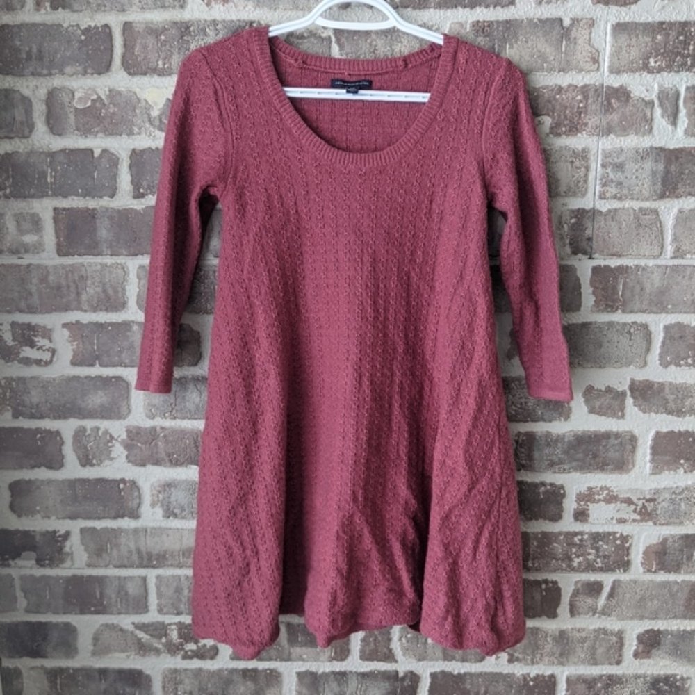 AEO BURGUNDY WAFFLE KNIT SWEATER DRESS 3/4 SLEEVE SIZE SMALL